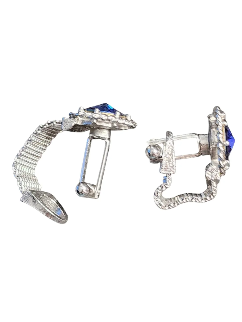 Dante Silvertone Tie Clip Cufflink Set Mesh Blue Rivoli Crystals Vintage